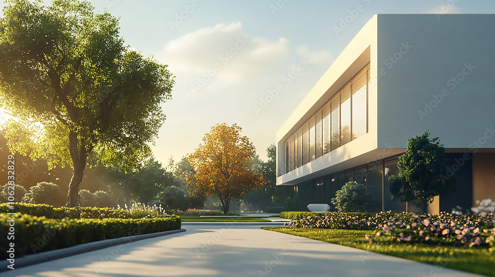 Modern Glass Facade Office Building in a Cityscape glass facade of a modern office building against a blue sky

