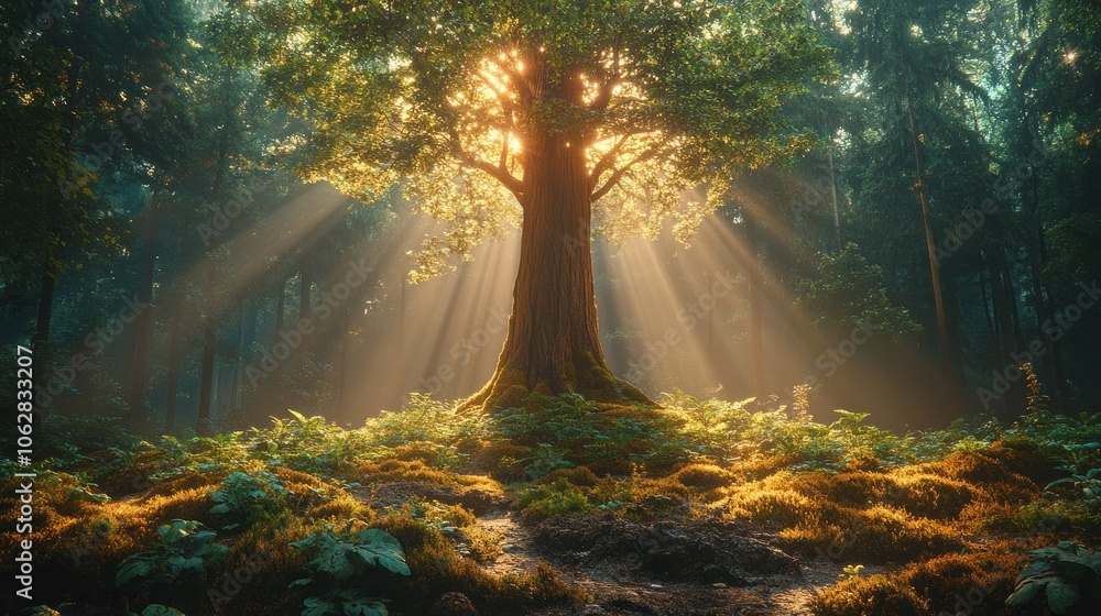 Majestic tree illuminated by sunlight in a serene forest setting. Majestic tree illuminated by sunlight in a serene forest setting.