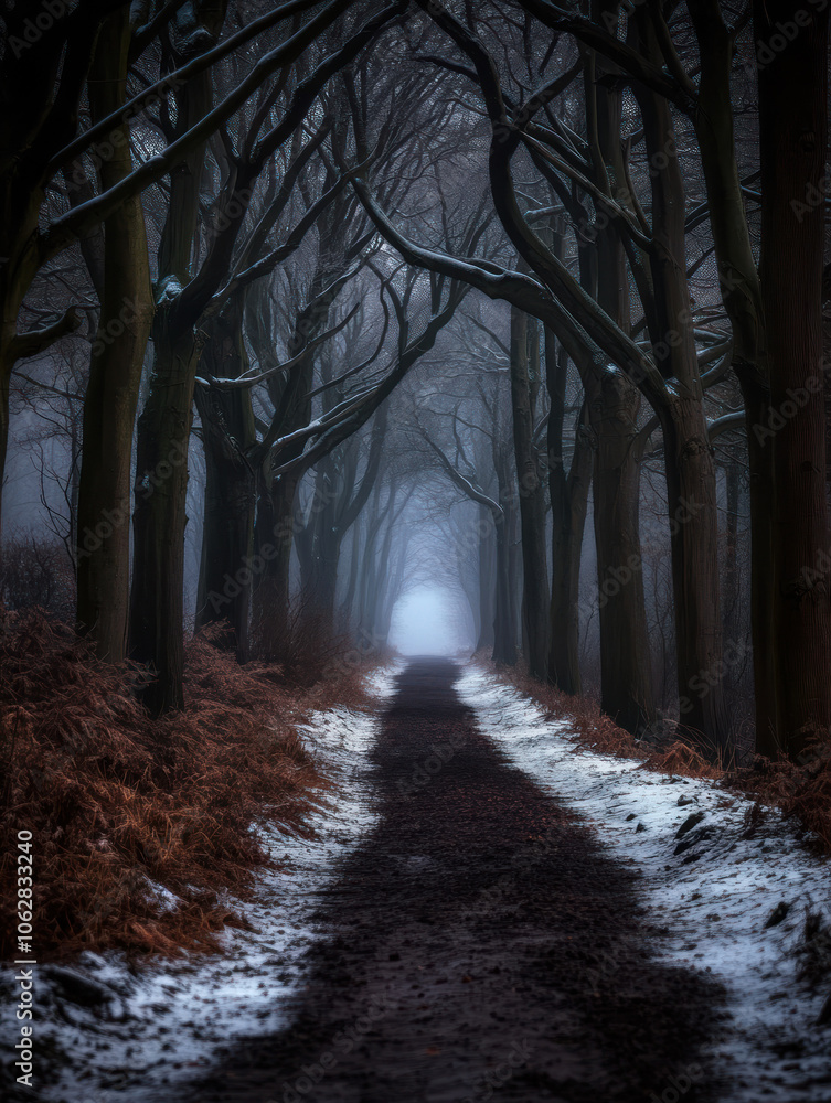 Fototapeta premium A winding pathway stretches through towering dark trees blanketed in snow, creating a mysterious and serene setting in the early morning mist.