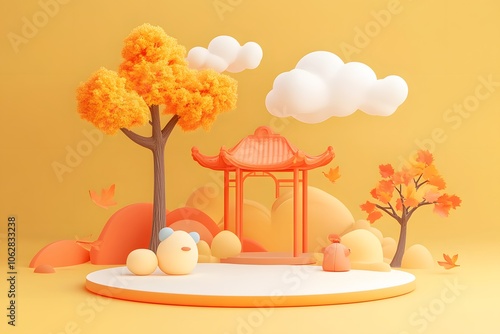 Scenic autumn landscape of meadows and trees, cloudy sky with birds and sun, fall fields and grasslands vector illustration in paper cut kids style. Autumn in countryside, travel and tourism.
 photo