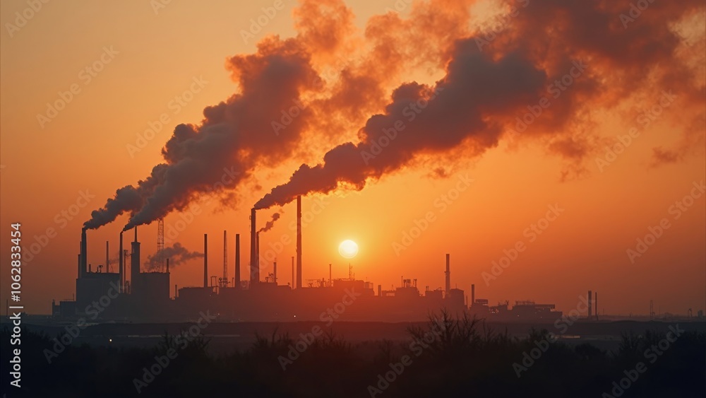 Industrial factory emissions at sunset creating dramatic skyline Industrial factory emissions at sunset creating dramatic skyline