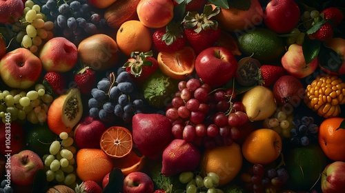 Close-up view of various fruits meticulously arranged in the studio