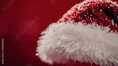 Close-up of a Santa capa??s fluffy edge on a red background. photo