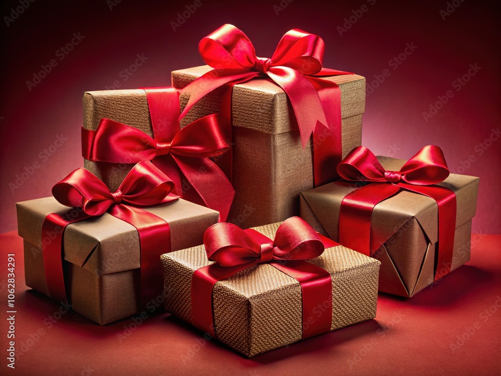 Red Gift Boxes with Bows on a Red Wall - Festive Holiday Background Red Gift Boxes with Bows on a Red Wall - Festive Holiday Background