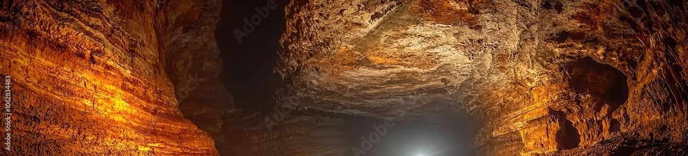 Explorer in a cave with dramatic rock formations and warm lighting. Explorer in a cave with dramatic rock formations and warm lighting.