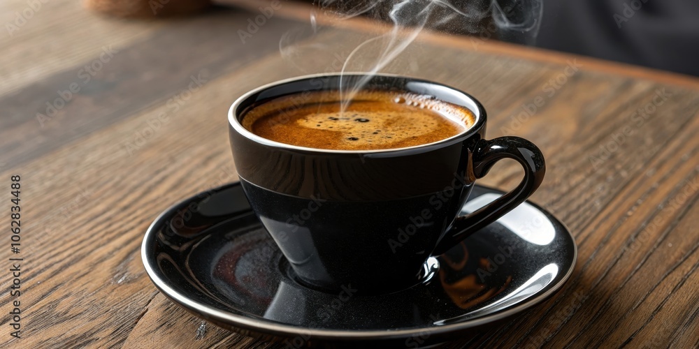 A steaming cup of coffee in a black ceramic mug sits on a black saucer atop a rustic wooden table. A steaming cup of coffee in a black ceramic mug sits on a black saucer atop a rustic wooden table.
