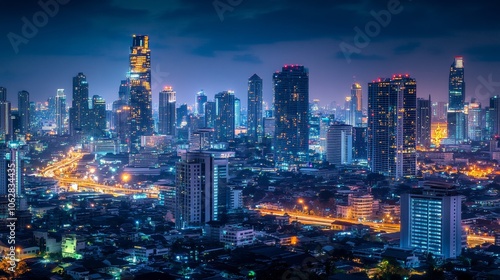 A futuristic city skyline in Bangkok, Thailand, illuminated at night. The image represents the interconnected nature of technology, big data, and the metaverse in modern cities.