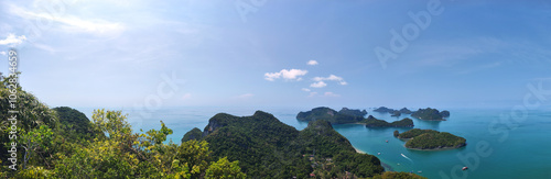 Panoramic View from Rocky Cliff Overlooking Tropical Islands and Turquoise Sea, Pha Jun Jaras Viewpoint, Mu Ko Ang Thong National park, Koh Samui, Surat Thani, Thailand
