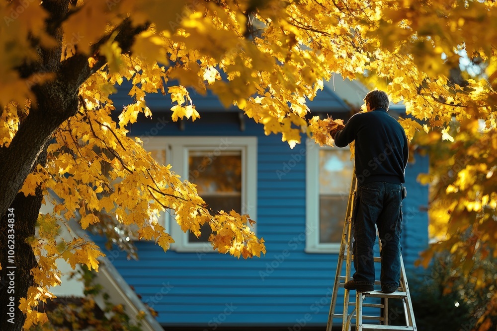 Man on ladder trimming tree branches. This photo is perfect for any project related to fall, home improvement, or outdoor work. Man on ladder trimming tree branches. This photo is perfect for any project related to fall, home improvement, or outdoor work.