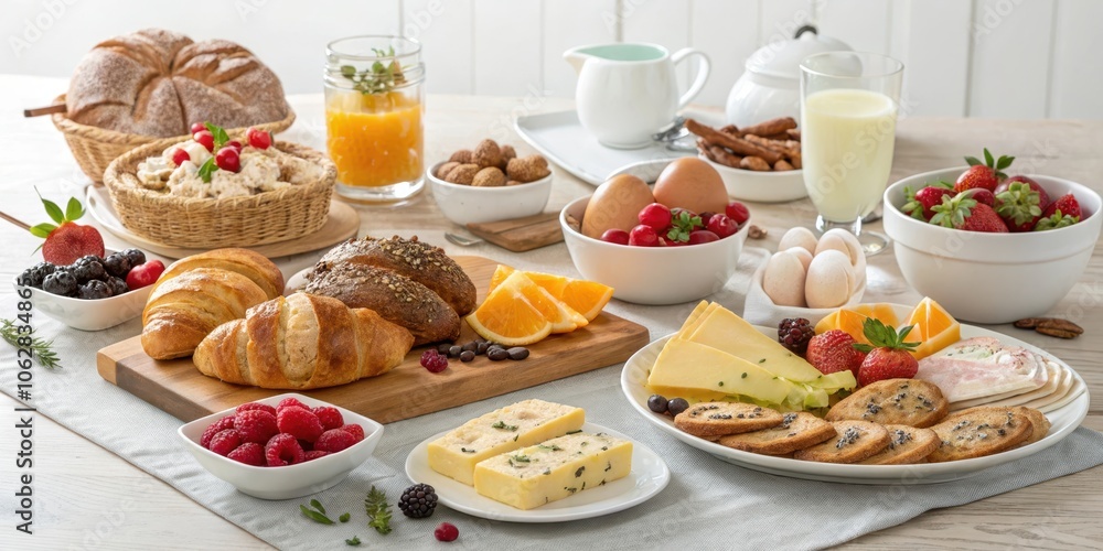 A breakfast table with a variety of foods, including croissants, fruit, cheese, and eggs, set against a light and airy background. A breakfast table with a variety of foods, including croissants, fruit, cheese, and eggs, set against a light and airy background.