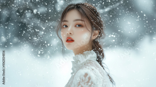 Beautiful young asian woman model with long hair, snowy background.