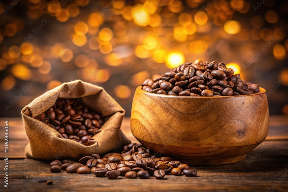 Rustic charm: Brown paper coffee bag and wooden bowl on pristine white. Rustic charm: Brown paper coffee bag and wooden bowl on pristine white.