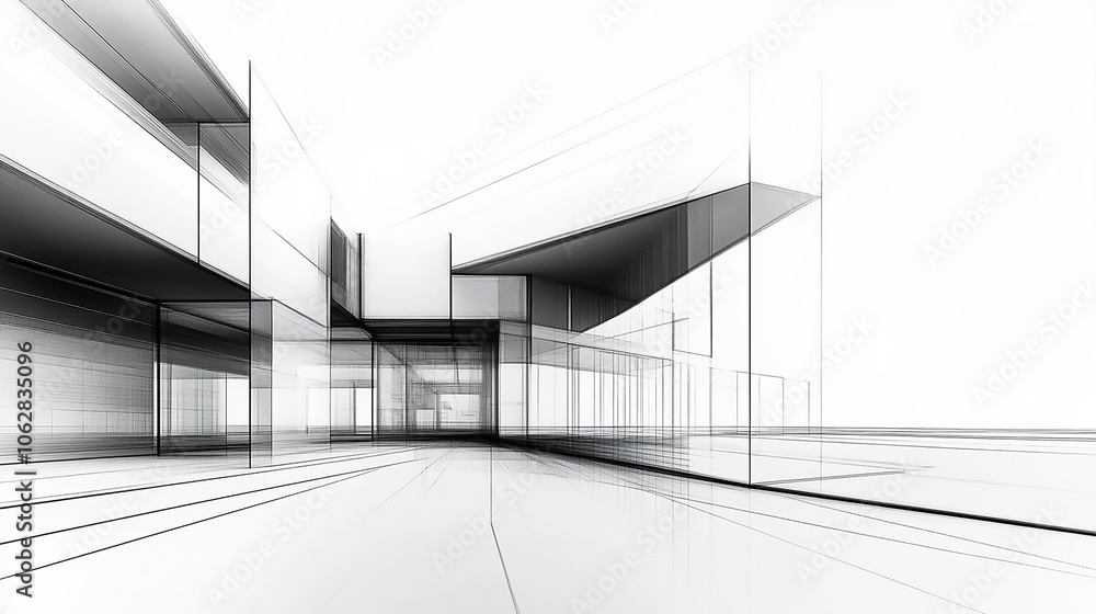 Obraz premium Sketch design and drafting of wireframe building. 3d illustration, Digital project visualization. Abstract black and white architectural sketch of a high-tech research facility with laboratories and