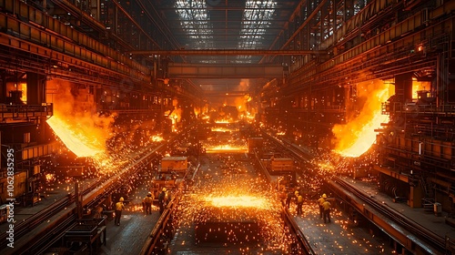 Workers in safety gear operate machinery in a steel mill, molten metal pouring from a furnace.