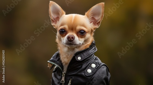 Sleek chihuahua adorned in a leather jacket, positioned elegantly, neutral backdrop. photo