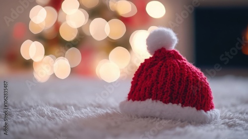 Close-up of the pom-pom on a Santa cap, resting on a white surface. photo