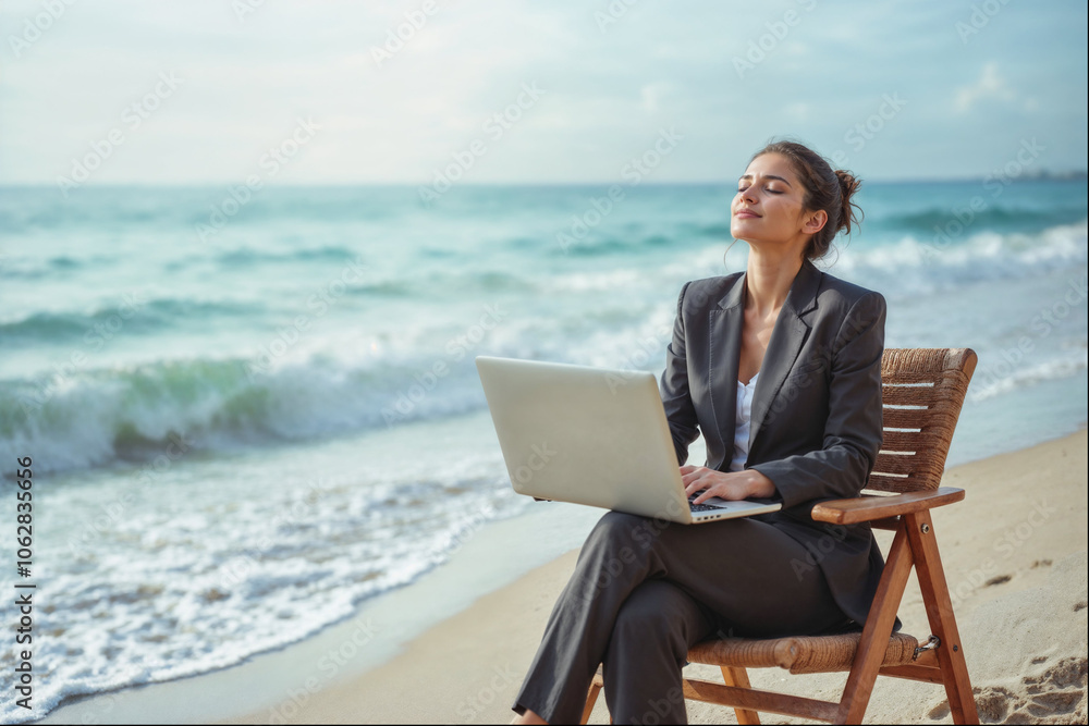 Peaceful Businesswoman Working Remotely On Beach Peaceful Businesswoman Working Remotely On Beach