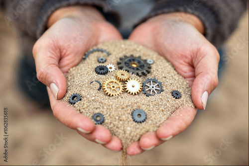 Gentle Hands Holding Sand Time Gears Concept