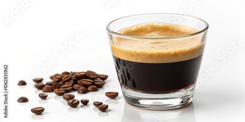 A single serving of espresso, served in a glass cup, with a layer of crema and coffee beans scattered on a white surface