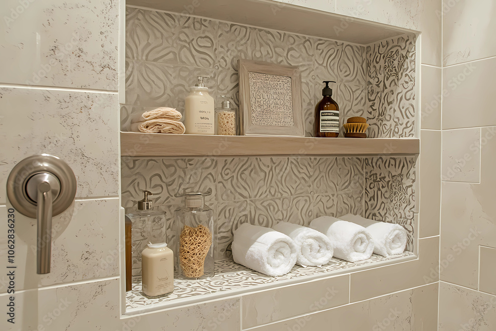 Foto Unique Patterned Shower Shelf: Layered Elegance for a Refined Bathroom Look
