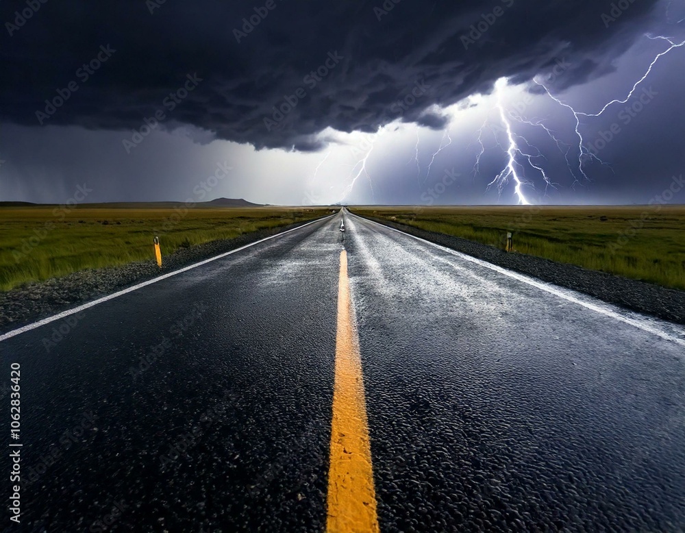Una carretera desierta y recta que atraviesa un paisaje plano mientras cae una lluvia torrencial. Las nubes negras cubren el cielo y la carretera está mojada. Una carretera desierta y recta que atraviesa un paisaje plano mientras cae una lluvia torrencial. Las nubes negras cubren el cielo y la carretera está mojada.