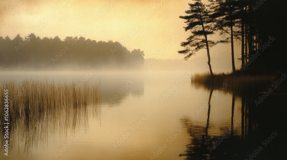 Fototapeta premium Silhouetted Trees Reflected in a Misty Lake at Sunset