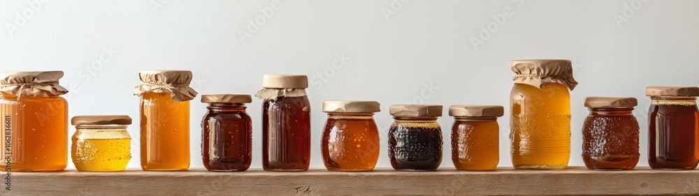 Various jars of honey in different shades and sizes arranged on a wooden surface against a neutral backdrop, showcasing the beauty of natural sweetness. Various jars of honey in different shades and sizes arranged on a wooden surface against a neutral backdrop, showcasing the beauty of natural sweetness.