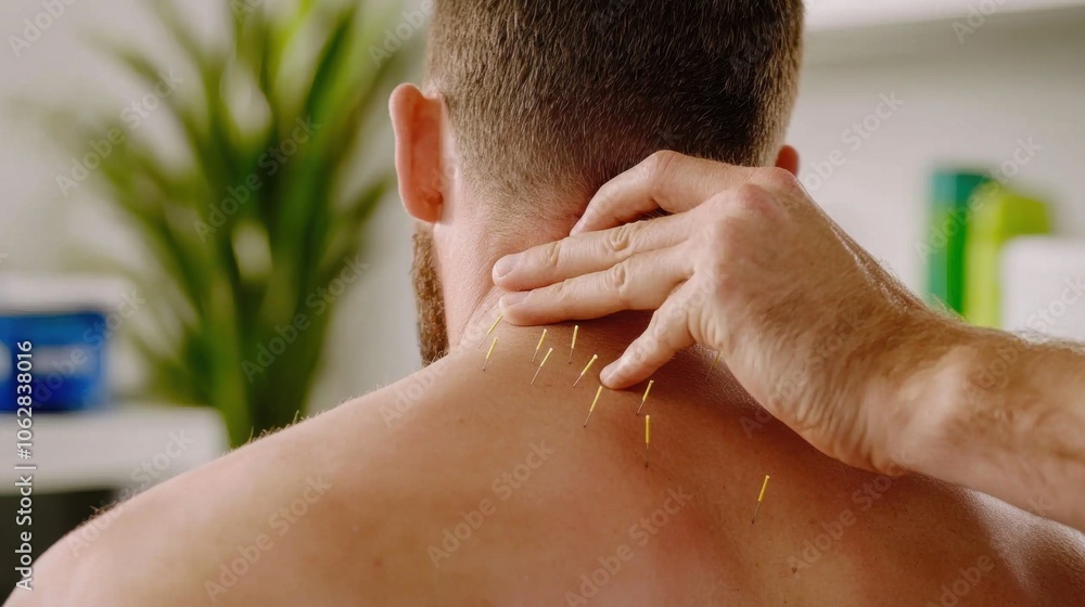 Naklejka premium Acupuncturist treats patient's neck pain with needles