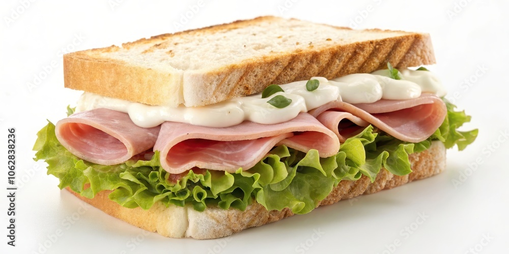 A Close-Up of a Delicious Ham Sandwich with Lettuce and Creamy Spread on Toasted Bread A Close-Up of a Delicious Ham Sandwich with Lettuce and Creamy Spread on Toasted Bread