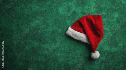 Green background with Santa cap lying horizontally, top-down view. photo