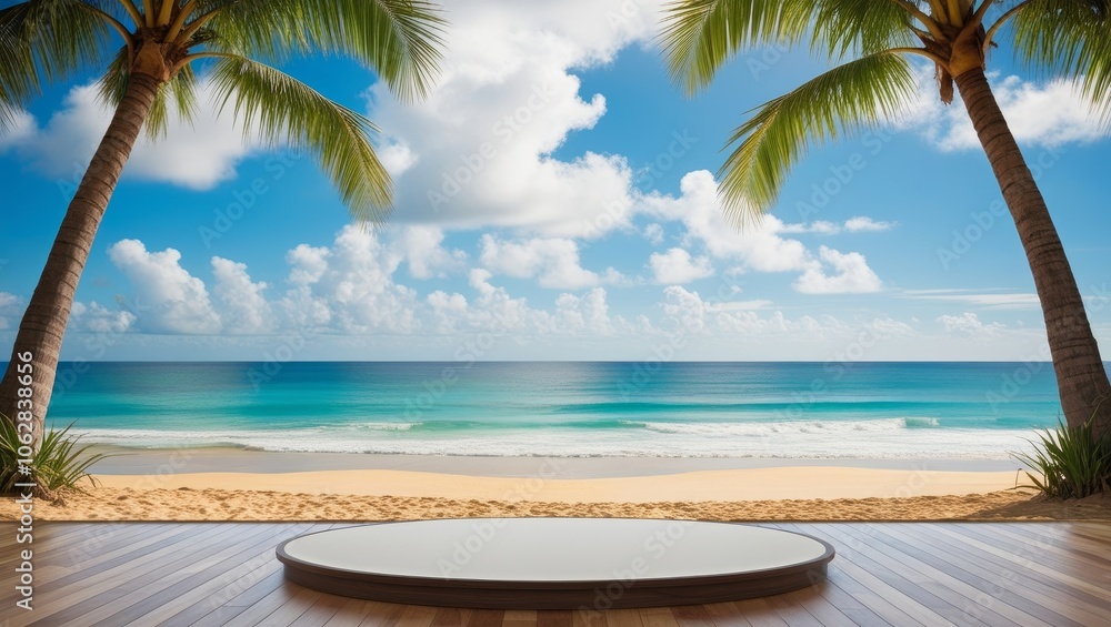 Wooden platform with tropical beach scenery, palms and ocean waves under bright sky. Background for product display Wooden platform with tropical beach scenery, palms and ocean waves under bright sky. Background for product display