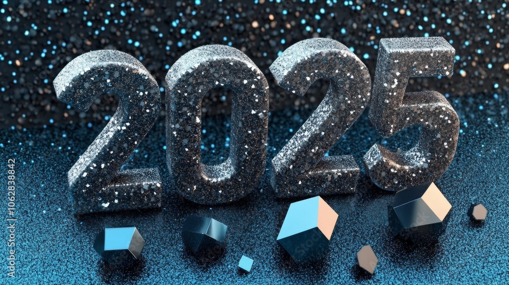 New Year 2025: Large numbers 2025. Black, sliver, blue and glossy shiny materials. The number is made of glitter and glass. Black sequin background. New Year Countdown. Celebration. New Year 2025: Large numbers 2025. Black, sliver, blue and glossy shiny materials. The number is made of glitter and glass. Black sequin background. New Year Countdown. Celebration.