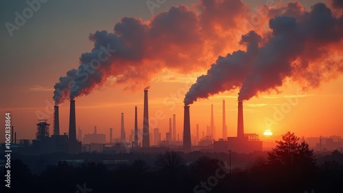 Industrial factory emissions at sunset highlight air pollution and climate change