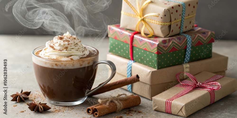 A steaming cup of hot chocolate topped with whipped cream and sprinkled with cinnamon, alongside a stack of wrapped gifts, suggesting a warm and cozy holiday celebration. A steaming cup of hot chocolate topped with whipped cream and sprinkled with cinnamon, alongside a stack of wrapped gifts, suggesting a warm and cozy holiday celebration.