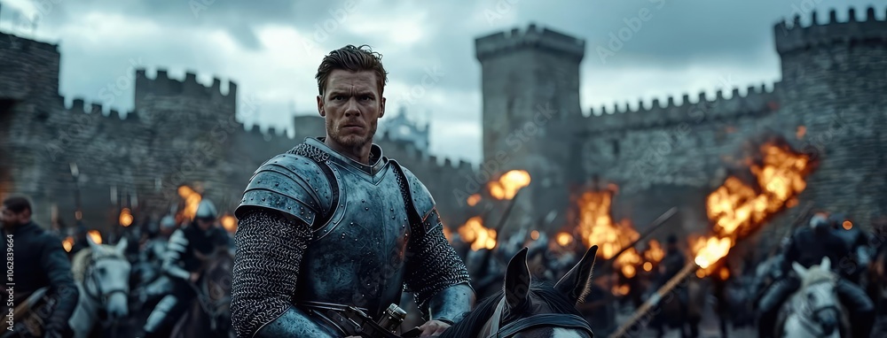 Heroic knight in armor leading a fierce battle under a stormy sky. Heroic knight in armor leading a fierce battle under a stormy sky.
