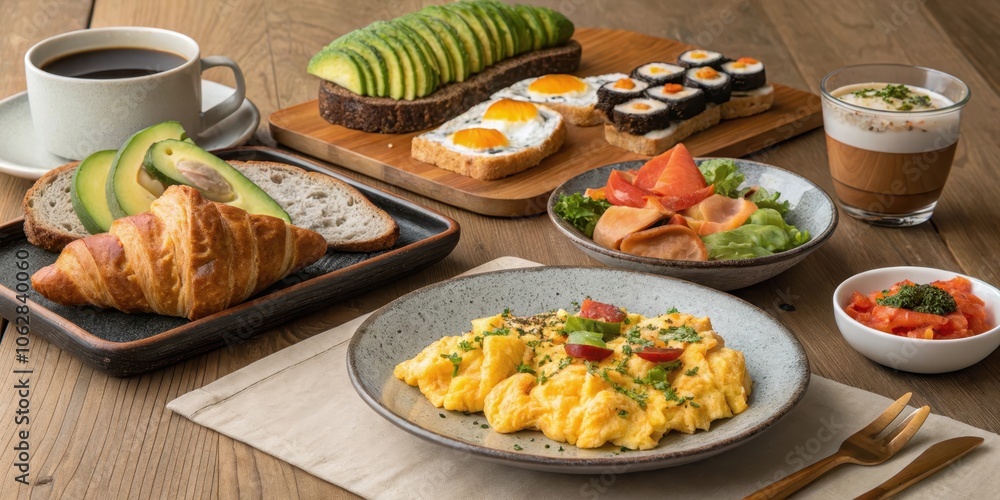 Aromatic Scrambled Eggs with Herbs, Croissants, and Avocado Toast, Served Alongside a Glass of Coffee and a Side Salad on a Rustic Wooden Table Aromatic Scrambled Eggs with Herbs, Croissants, and Avocado Toast, Served Alongside a Glass of Coffee and a Side Salad on a Rustic Wooden Table