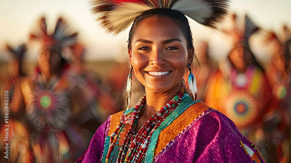 Fototapeta premium Indigenous woman smiling in traditional attire, vibrant background, cultural celebration.