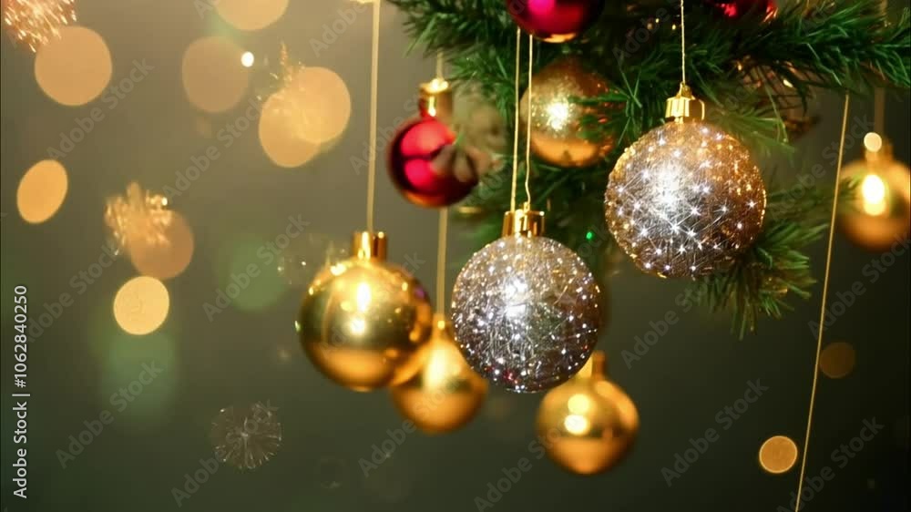 Shiny Christmas Ornaments Hanging on Fir Tree Branch with Golden Bokeh Lights Shiny Christmas Ornaments Hanging on Fir Tree Branch with Golden Bokeh Lights