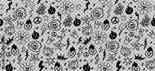 Grunge rock seamless pattern with doodle elements. Wax pencil drawing face with tongue out, cartoon thunderbolt like children pen drawing and other rock n roll style black color vector elements