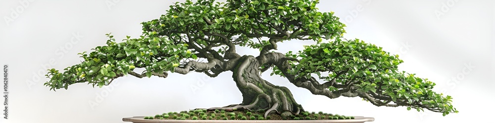 A beautifully shaped hawthorn bonsai tree with its dense, green foliage, displayed against a plain white background. The simplicity enhances the natural beauty of the tree A beautifully shaped hawthorn bonsai tree with its dense, green foliage, displayed against a plain white background. The simplicity enhances the natural beauty of the tree