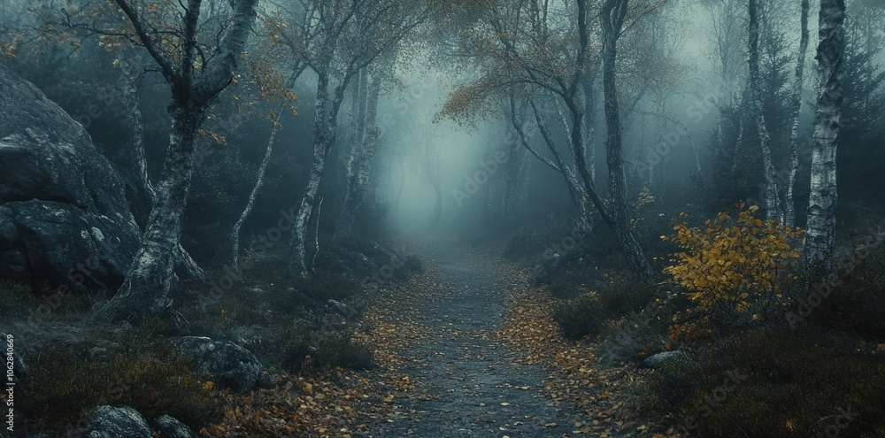 Fototapeta premium A Foggy Path Through an Enchanting Autumn Forest