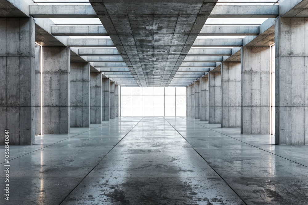 Modern huge concrete material empty hall with big white glowing windows. Modern huge concrete material empty hall with big white glowing windows.