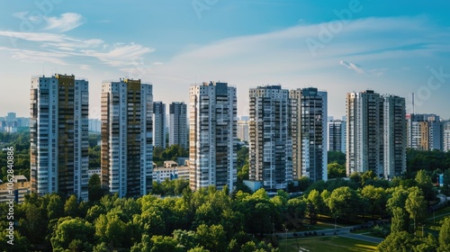 Modern apartment buildings in a green residential area in the city.