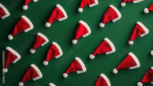 Santa cap arranged diagonally on a green background, top-down view. photo