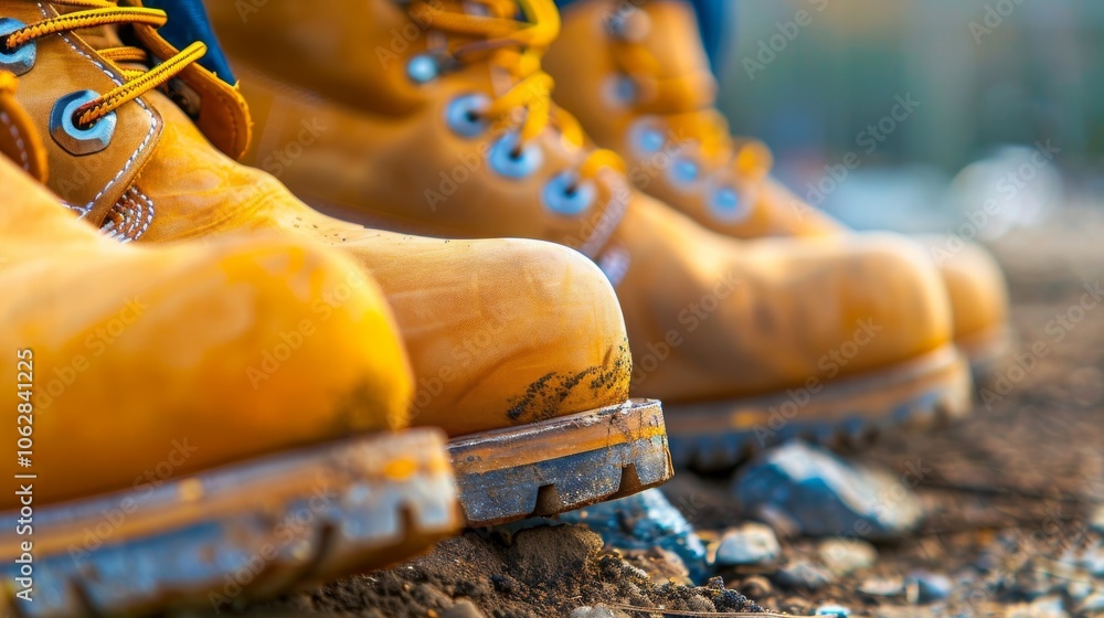 Fototapeta premium Close-up of safety boots with steel toe caps for protection against impact