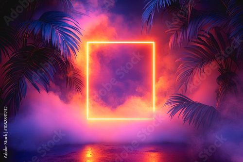 A captivating glowing neon square frame surrounded by vibrant pastel colors, fog, and tropical elements creates an ethereal atmosphere in this dreamy scene.