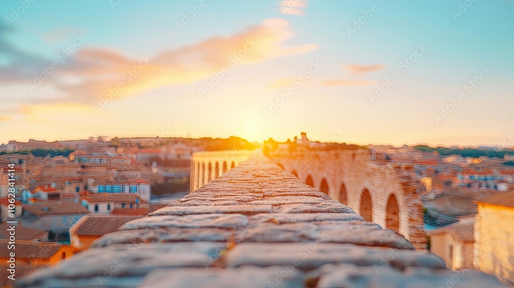 Fototapeta premium Sunset over ancient aqueduct with stone archways, vibrant sky, picturesque view.