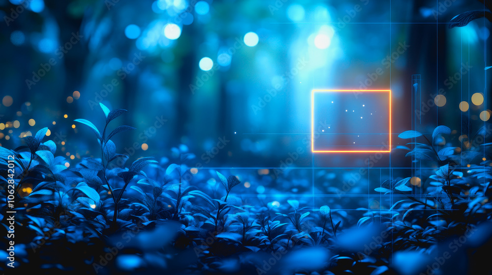 Obraz premium A serene neon scene featuring a glowing square frame amidst a vivid pastel forest. Perfect for digital art, backgrounds, and creative projects.
