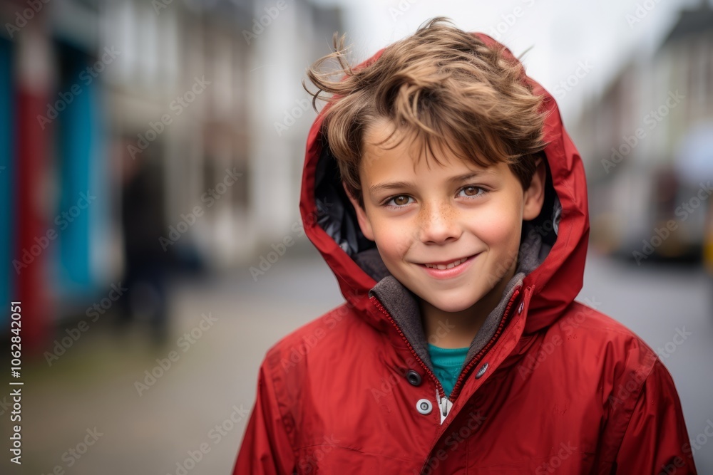 Portrait of a little boy in a red raincoat on the street Portrait of a little boy in a red raincoat on the street