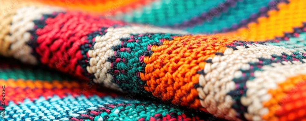 Colorful woven textile with vibrant patterns, detailed close-up shot. Colorful woven textile with vibrant patterns, detailed close-up shot.